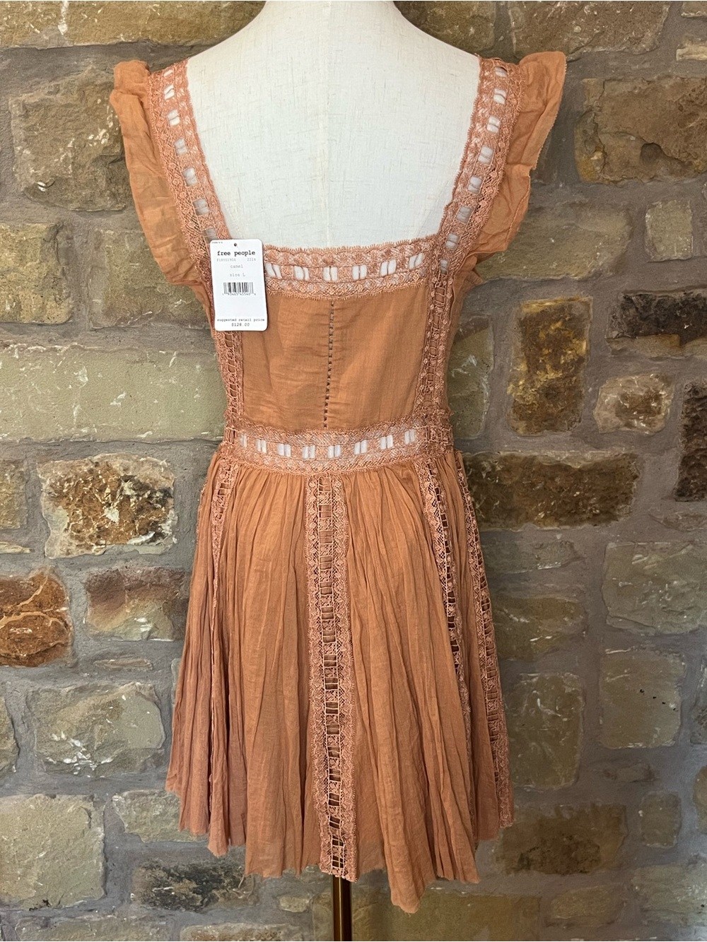 Free People NWT Camel Lace Trim Mini Dress Size L Boho Cottagecore Festival - Picture 4 of 7